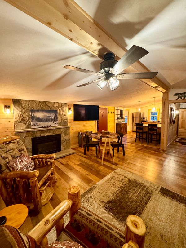 View of main living area of Troy's Cabin, including the dining area and kitchen