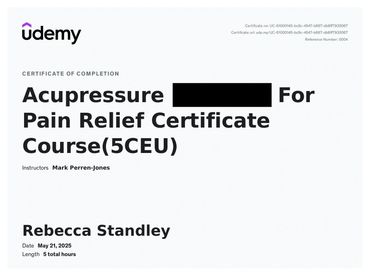 Udemy certificate for completing an Acupressure Pain Relief course.