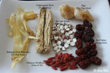 Various dried Chinese herbs and fruits labeled on a plate.