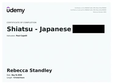 Udemy certificate of completion for Shiatsu - Japanese course awarded to Rebecca Standley.