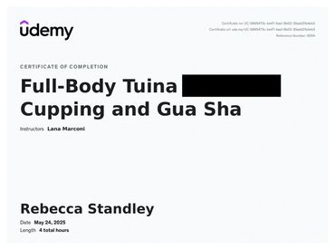 Udemy certificate for Full-Body Tuina, Cupping, and Gua Sha course completion.