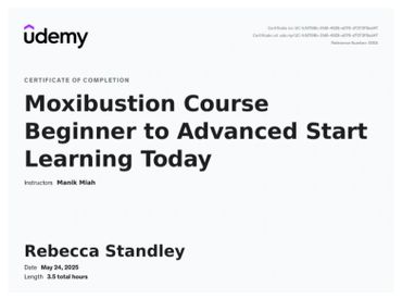 Certificate of completion for Moxibustion course by Rebecca Standley on Udemy.