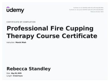 Certificate for completing Professional Fire Cupping Therapy course on Udemy.