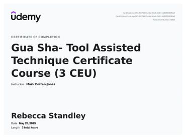 Udemy certificate for completing Gua Sha tool-assisted technique course.