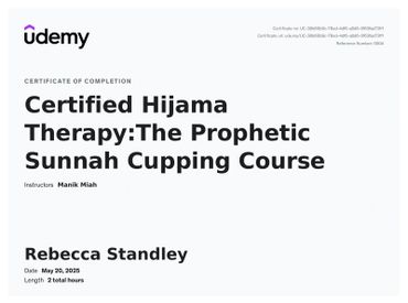 Certificate from Udemy for completing Certified Hijama Therapy course.