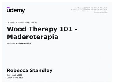 Certificate of completion for Wood Therapy 101 from Udemy.