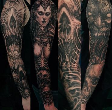Dark, eerie full-sleeve tattoos with skulls, a sinister woman, and demonic faces.