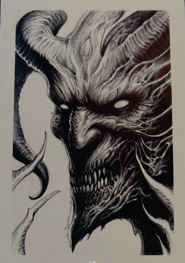 Detailed black ink drawing of a demonic horned skull with glowing eyes.