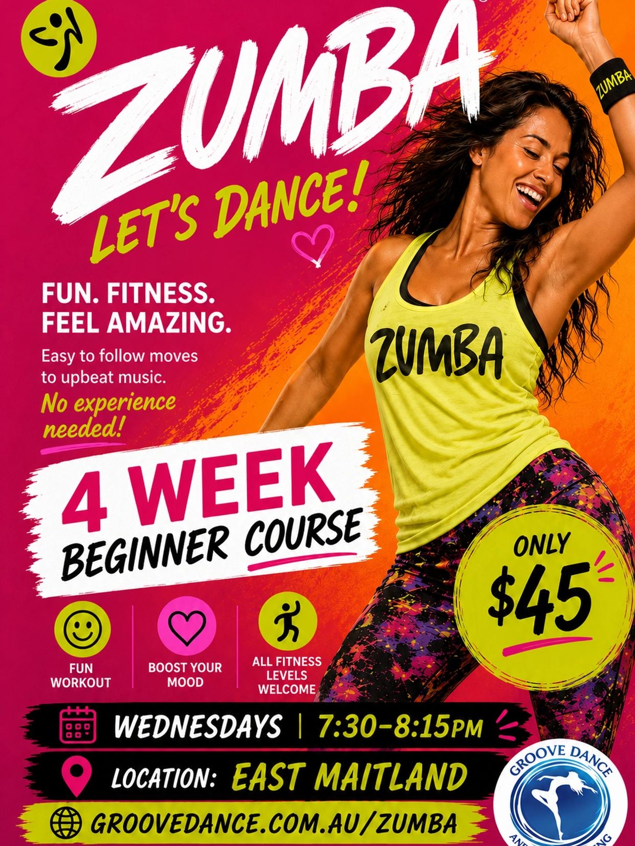 Zumba dance fitness beginner course for 4 weeks, only $45.