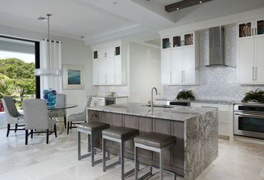 modern open kitchen, quartz waterfall countertop