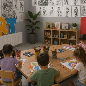 Çocuklar sınıfta birlikte resim yapıyor.