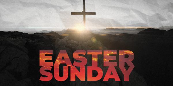 Sunrise behind a cross with 'Easter Sunday' text overlay.