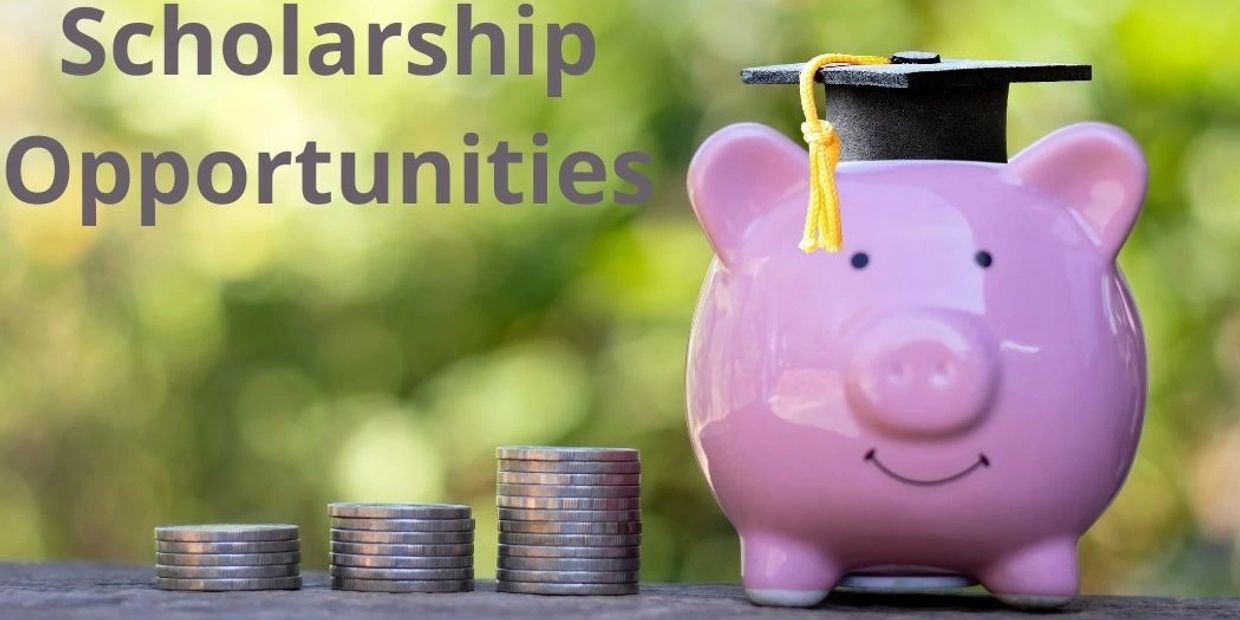 Piggy bank with graduation cap and coins labeled Scholarship Opportunities.
