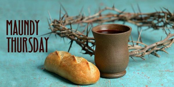 Maundy Thursday bread, wine, and crown of thorns on a blue surface.