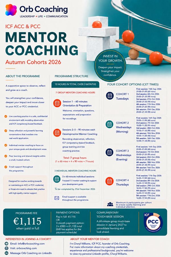 ICF Mentor coaching details advertisement for Orb Coaching 2026 autumn cohorts.