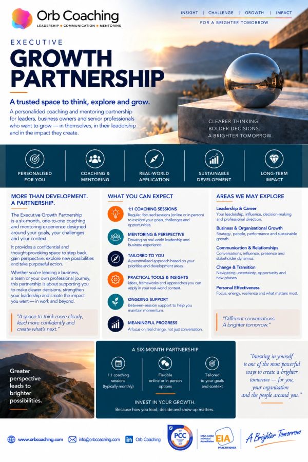 ORB Executive Growth Partnership guide outlining the personalised coaching and mentoring partnership