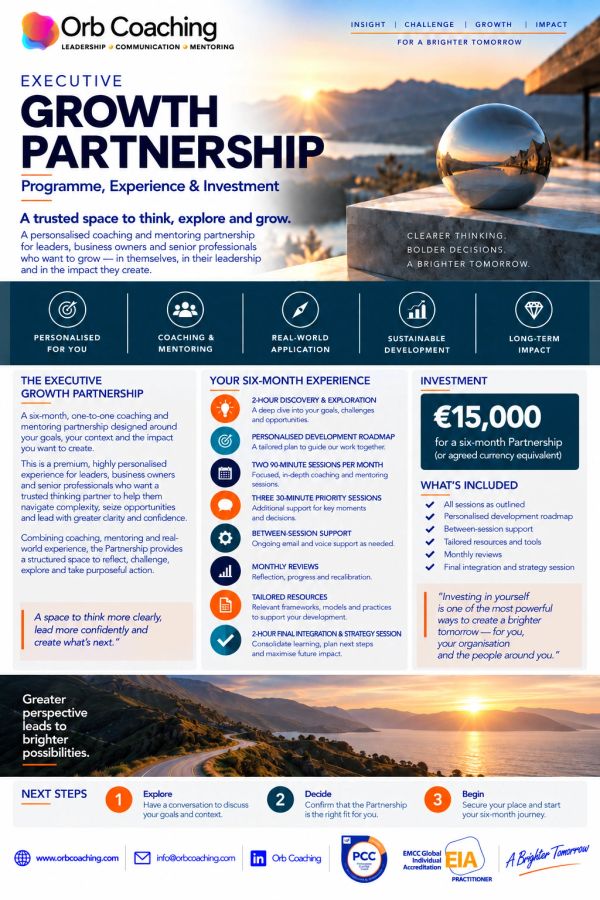 ORB Executive Growth Partnership guide outlining the six-month coaching and mentoring experience, pa