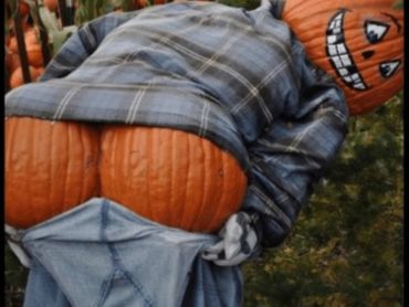 Pumpkin figure with a plaid shirt and jeans, showing a humorous pumpkin butt.