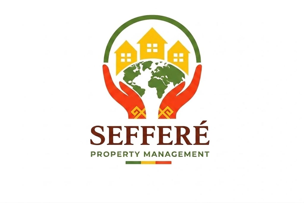 Logo for SEFFERÉ Property Management with hands, houses, and globe.