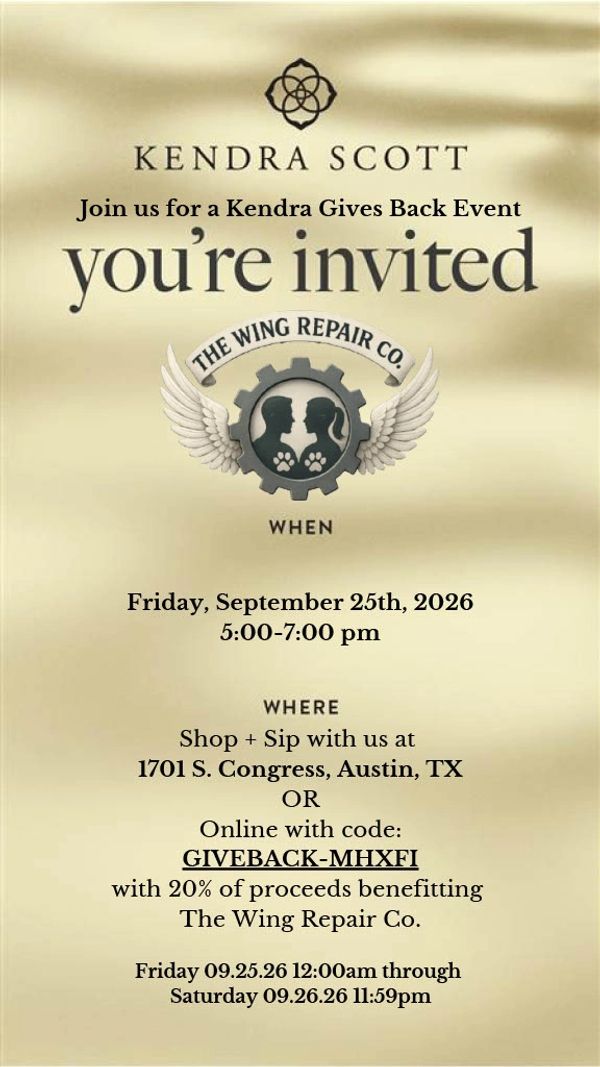 Invitation to Kendra Scott charity event supporting The Wing Repair Co.