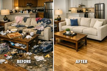 Before and after pictures of cleaning and market prep of living room and kitchen