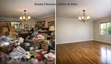 Cluttered before picture and clear after picture of room