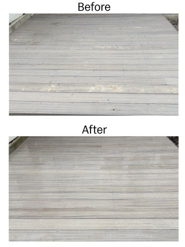 Before and after cleaning of a wooden deck by BroBros Windows & Wash.