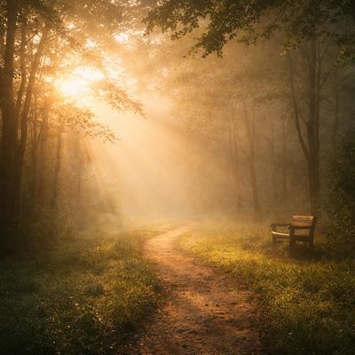 Sunlight streams through trees onto a forest path with a lone bench.