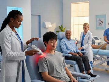 Patient receiving non-invasive laser therapy on their knee to reduce inflammation