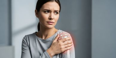 Woman holding her elbow, suffering from a joint injury
