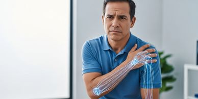 Man with an illustration of nerve pain in his arm, representing sciatica or neuropathy