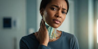Woman holding her neck in pain, suffering from a whiplash injury