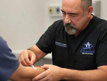 Doctor performing an EMG test on a patient's arm to diagnose nerve pain