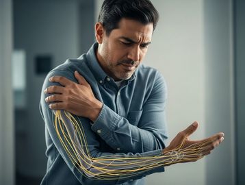 Man with an illustration of nerve pain in his arm, representing sciatica or neuropathy