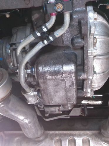 Underside view of a vehicle's exhaust system and differential.