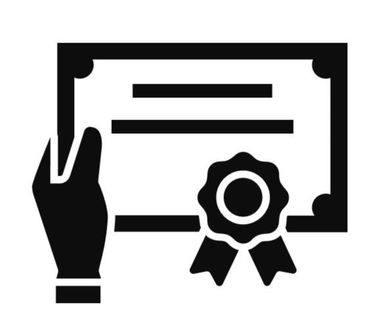simple black and white icon of a hand holding a certificate with a ribbon attached to it