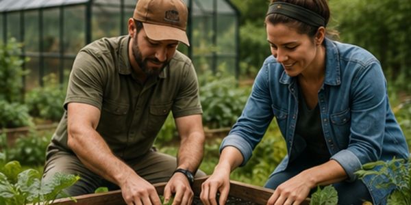 Two people tending to plants in a garden.