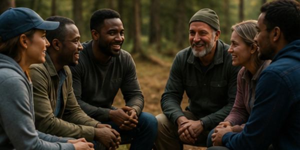 Group of friends enjoying a talk in the forest.