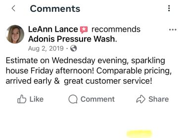 Positive review praising prompt service and great customer care at Adonis Pressure Wash.