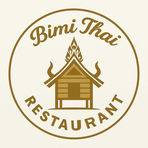 Logo of Bimi Thai Restaurant with traditional Thai house.