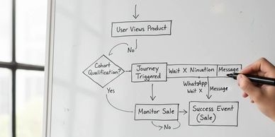 Whiteboard diagram outlining the customer engagement journey steps.