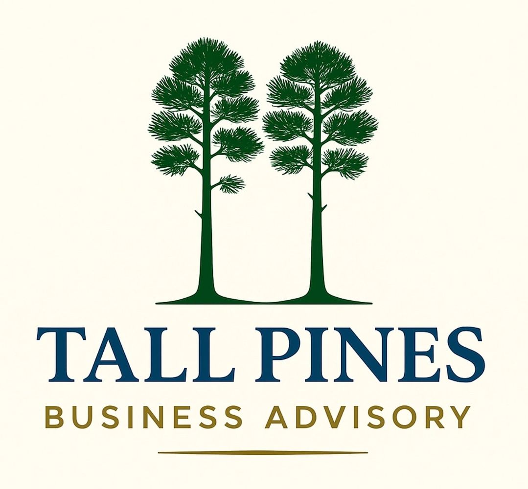 Logo featuring two green pine trees and text 'Tall Pines Business Advisory'.