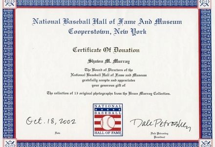 Certificate of Donation of baseball photographs by Baseball Hall of Fame to Bruce Murray Collection