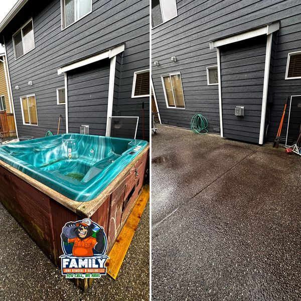Jacuzzi removal before and after in 93534 93535 93536 93539—backyard cleared by Family Junk Removal