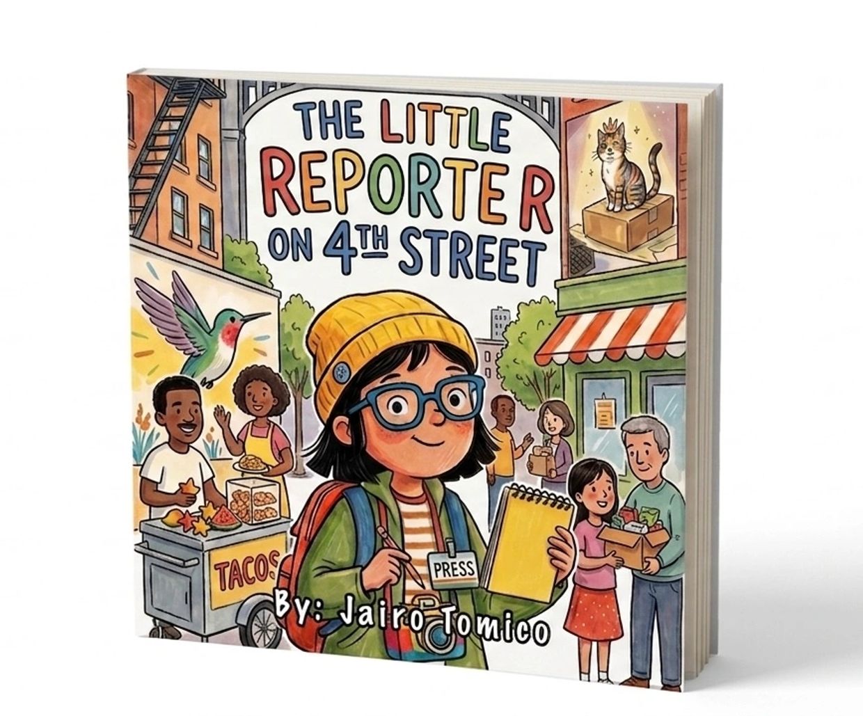 Children's book cover featuring a young reporter on a city street.