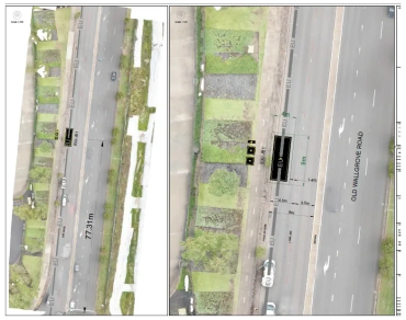 Drone orthophoto of a Sydney road corridor with measured dimensions used for as-built verification