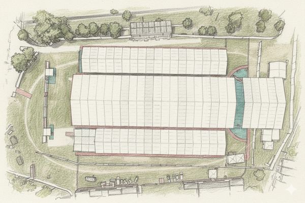 Top-down architectural sketch of a large industrial building with surrounding greenery.