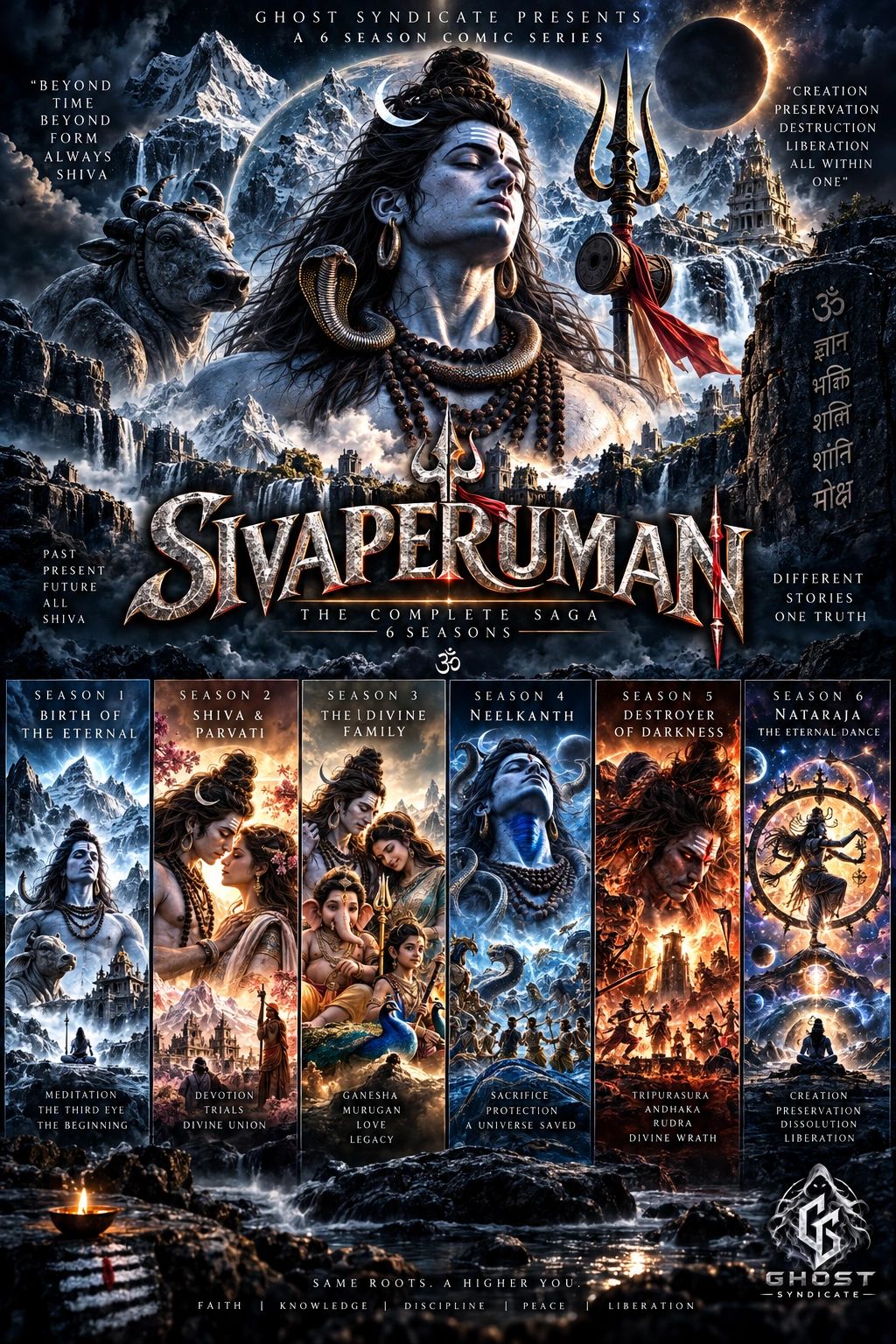 A detailed poster for the comic series Sivaperuman with Shiva and six seasons.