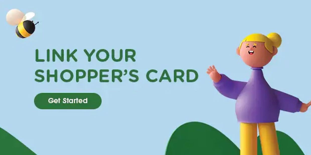 Link your shopper's card with a friendly character and a bee illustration.