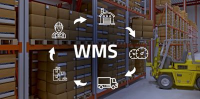 Warehouse scene with WMS icons showing inventory and logistics flow.